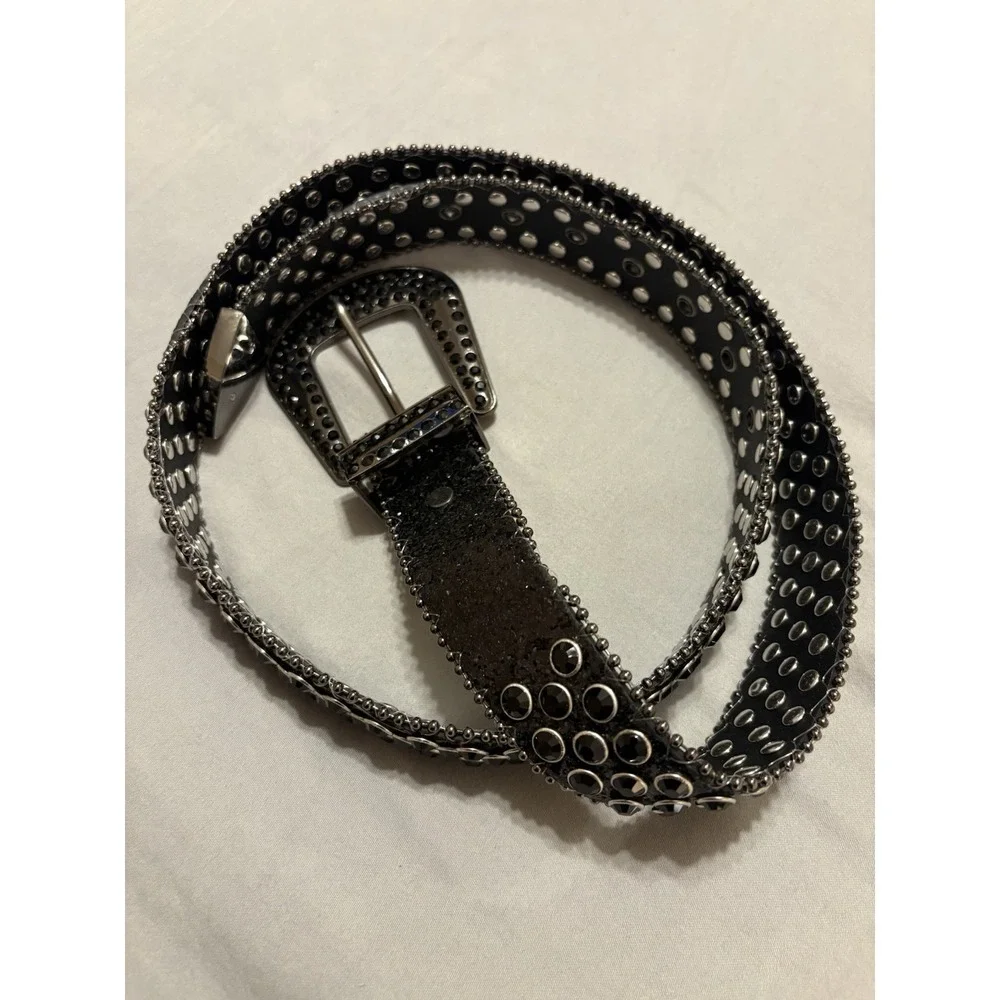 Black Silver Studded Rhinestone Bling Women's Belt with Metallic Buckle